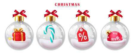 Christmas crystal ball vector set design. Christmas glass ball in bauble, sphere and round shape object with xmas elements for holiday season decoration. Vector illustrationのイラスト素材
