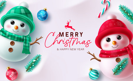 Christmas greeting vector template design. Merry christmas cute snowman characters in winter snow background with spruce leaves, xmas balls and candy cane elements. Vectorのイラスト素材