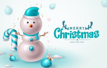 Merry christmas greeting vector design. Snowman character with blue candy cane, xmas balls, stars and confetti elements for holiday season greeting text in snow winter background.のイラスト素材