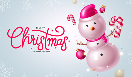 Merry christmas greeting vector design. Snowman character with pink xmas balls and candy cane elements for holiday season greeting text in winter snowflakes background. Vectorのイラスト素材