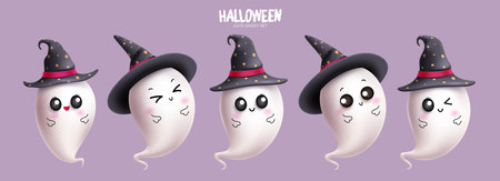 Halloween cute ghost set vector design. Cute ghost character wearing black witch hat elements with funny and cute facial expressions isolated in simple background. Vectorのイラスト素材