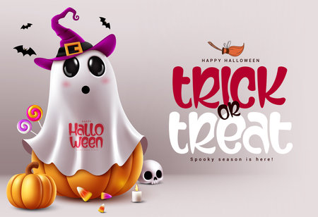 Trick or treat halloween text vector design. Halloween greeting card with ghost pumpkin character wearing witch hat costume in spooky seasonal background . Vector illustrationのイラスト素材
