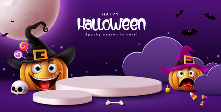 Halloween podium vector template design. Happy halloween greeting text with pumpkins characters in podium stage for product display promotion. Vector illustration trick or treatのイラスト素材