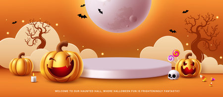 Halloween podium vector template design. Halloween trick or treat podium stage for product display presentation with pumpkins elements and paper cut clouds in orange background.のイラスト素材