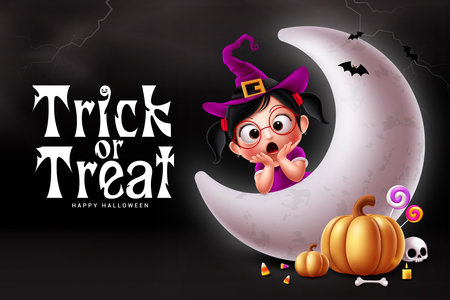 Trick or treat halloween vector design. Happy halloween greeting text with cute girl in witch costume and crescent moon elements in night scary background. Vector illustrationのイラスト素材