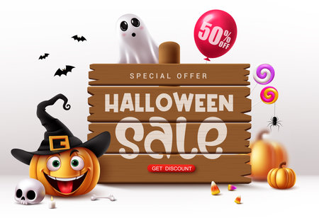 Halloween sale text vector template design. Halloween sale text special offer 50% off discount in wooden board with cute pumpkin, ghost characters and horror elements for seasonalのイラスト素材