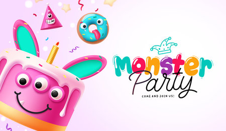 Monster party cake vector design. Halloween birthday greeting text with bunny cake dessert and donut mascot elements. Vector illustration invitation card design.のイラスト素材