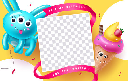 Halloween birthday card vector template design. Happy birthday greeting with monster balloons and inflatable creature ice cream for kids party invitation card design. Vectorのイラスト素材