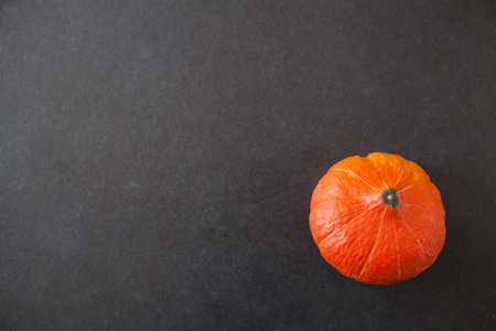 Red pumpkin rightside on dark shale stone backgroundの写真素材