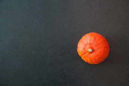 Red pumpkin rightside on dark shale stone backgroundの写真素材