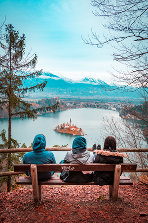View of Bled Lake during Autumn with Bled Castle and snow and mountains in background, Bled Lake, Sloveniaのeditorial素材