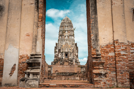 Historic ruins of ancient capital city of Thailand with temples during bright sunny day, Ayutthaya, Thailandの写真素材