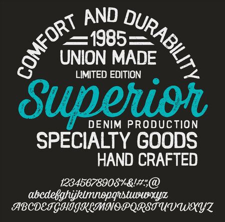 Vintage brush script lettering font. Handwritten calligraphic alphabet for t-shirt or apparel. Textured unique brush in alphabet style.Old school vector graphic for fashion and printing.のイラスト素材