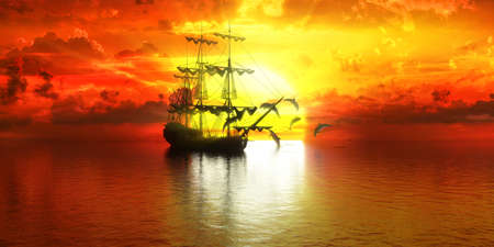 ship on the background of sunset and dolphins, 3d illustrationの写真素材