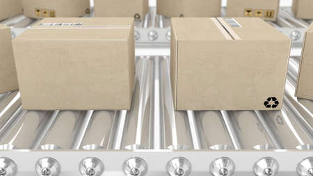 postal boxes moving on the conveyor 3D illustration