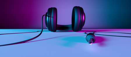headphones on a black background close-up in neon light, 3d illustrationの写真素材