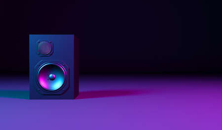 black loudspeaker on a black background in neon light, 3d illustrationの写真素材