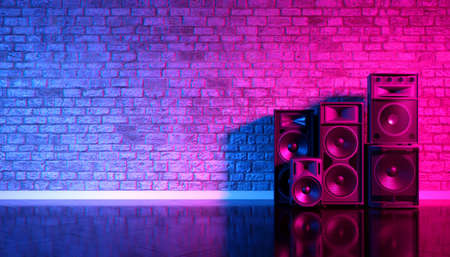 Speakers on the background of an old brick wall in the enon light, 3d illustrationの写真素材
