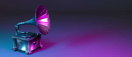 metal gramophone in neon light, 3d illustration
