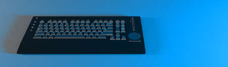 black computer keyboard in blue neon lighting, 3d illustration