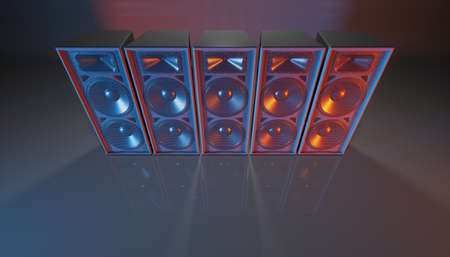 speaker system on a black background in blue and orange lighting, 3d illustration
