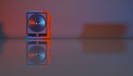 speaker system on a black background in blue and orange lighting, 3d illustrationの写真素材