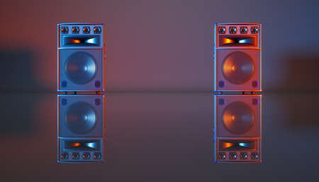 speaker system on a black background in blue and orange lighting, 3d illustration