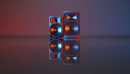 speaker system on a black background in blue and orange lighting, 3d illustrationの写真素材