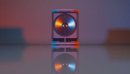 speaker system on a black background in blue and orange lighting, 3d illustrationの写真素材