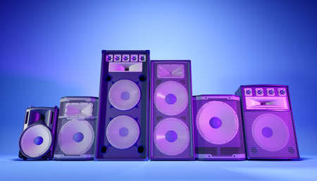 blue speaker system on a blue background in purple lighting, 3d illustration