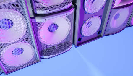blue speaker system on a blue background in purple lighting, 3d illustrationの写真素材