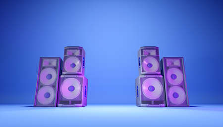 blue speaker system on a blue background in purple lighting, 3d illustrationの写真素材