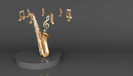 golden saxophone on a black background, 3d illustrationの写真素材