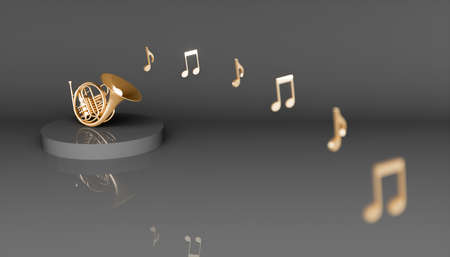 Golden French horn on a black background, 3d illustrationの写真素材