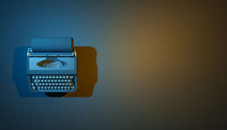 typewriter on a black background in blue and yellow lighting, 3d illustration