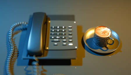 home phone and a cup of coffee on a black background in blue and yellow lighting, 3d illustrationの写真素材
