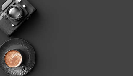 cup of coffee next to the camera and glasses on a black background, 3d illustration