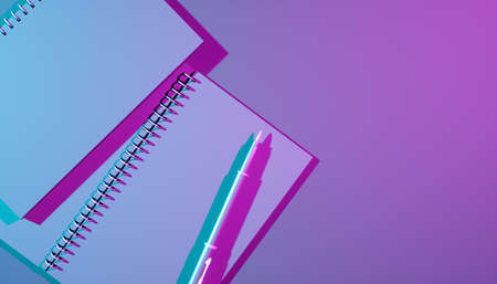 close-up notebook in ultraviolet light, 3d illustrationの写真素材