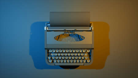 typewriter on a black background in blue and yellow lighting, 3d illustrationの写真素材