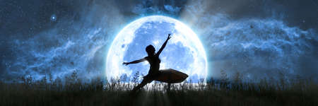 woman dancing on the background of a large full moon, 3d illustrationの写真素材