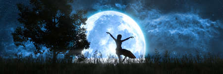 woman dancing on the background of a large full moon, 3d illustrationの写真素材