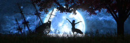 silhouette of a dancing woman against the background of the moon and a flooded old ship, 3d illustrationの写真素材