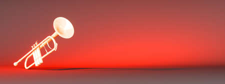 golden trumpet on a red background, 3d illustrationの写真素材