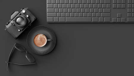 cup of coffee next to the camera, keyboard and glasses on a black background, 3d illustrationの写真素材