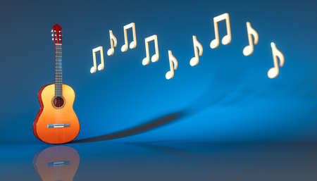 classical acoustic guitar with notes on a blue background, 3d illustrationの写真素材