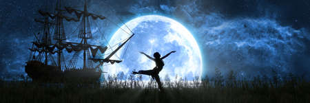 silhouette of a woman dancing on the background of the moon and ship, 3d illustrationの写真素材