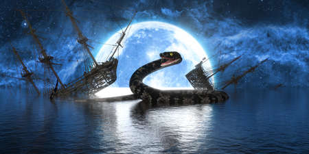 big snake on the background of the full moon next to the broken ships, 3d illustrationの写真素材