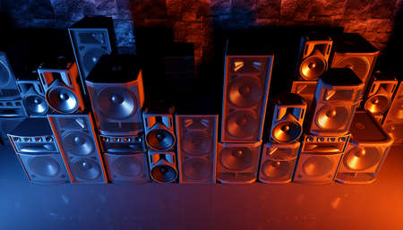 speaker system on a black background in blue and orange lighting, 3d illustration