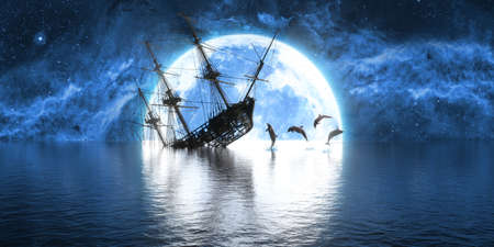 flock of dolphins next to the sunken ship against the background of the moon, 3d illustrationの写真素材