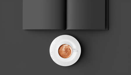 cup of coffee on a black background close-up next to a notebook, 3d illustrationの写真素材